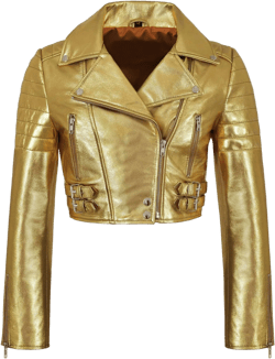 LP-FACON Womens Foil Metallic Short Body Brando Punk Motorcycle Biker Crop Leather Jacket Golden/Silver 3X-Large Golden