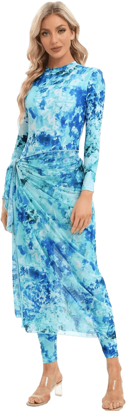 IMEKIS Muslim Swimsuits for Women: Modest Swimwear Islamic Long Sleeve Burkini Full Cover Muslim Dress Pants Rash Guard Shirt Beach Cover Up Wrap Skirt Sarong Bathing Suits 4PCS Aqua Small