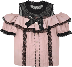 Sweet Cold Shoulder Shirt Women Lolita Lace Mesh Sheer Short Sleeve Blouse Vintage Ruffle Button Cute Tops Medium Pink