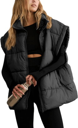 Womens Quilted Puffer Vest Sleeveless Zip up Jacket Stand Collar Padded Gilet Coat with Pockets X-Large Black