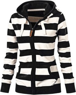 Canbebig Zipper Hoodies for Women Color Block Sweatshirt Lightweight Striped Jacket Long Sleeve Hooded Jacket with Pockets X-Large Black
