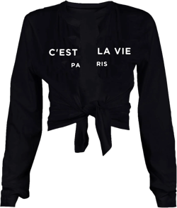 Sexy Tie Front Crop Top for Women Long Sleeve Graphic Tee Shirt Clubwear Medium Cest Black