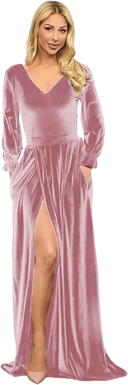 Women's Velvet Long Sleeve Bridesmaid Dresses Long V Neck High Slit Formal Evening Gowns with Pockets Pink 18 Plus