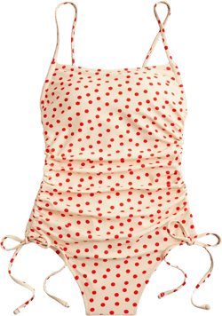 Ruched one-piece swimsuit with side ties in red dot print