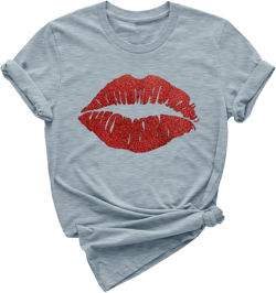 Oversized Shirts for Women Valentine's Day Red Lip Print Pullover Tops Crew Neck Short Sleeve Fashion Graphic Tee Shirts Valentines Gift Bags (A09 Grey,XXL) at Amazon Women’s Clothing store