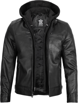 fjackets Real Lambskin Mens Leather Jackets With Detachable Hood - Cafe Racer Zip Up Moto Style Leather Jacket Men