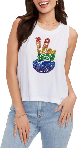 Tipsy Elves Women's Cut Pride LGBQTIA+ Tank Tops for Fetivals and Parades White Pride Peace Sequin Large