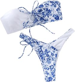 MakeMeChic Women's 2 Piece Bandeau Swimsuit Boho Ring Strapless High Cut Bikini Sets Bathing Suit Multi Blue Floral Small