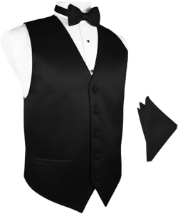 Amethyst Satin Tuxedo Vest with Bowtie & Pocket Square Set 5X Large Long Black