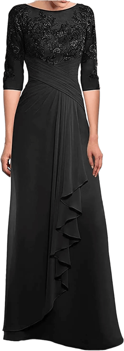DEOTTEI Plus Size Black Mother of The Bride Dresses with Sleeves Applques Lace Chiffon Long Evening Formal Gown for Women US 16