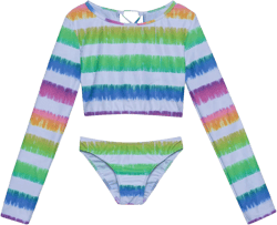 Gottex Baby Girl's Kids Toddler and Little Rainbow Stripe Print Two Piece Cropped Rash Guard Long Sleeve Swimsuit