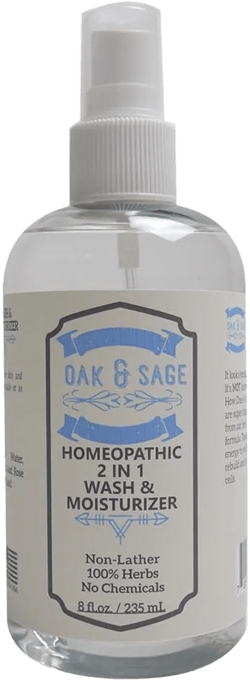 OAK & SAGE Homeopathic 2 in 1 Wash and Moisturizer - NonLather - Unscented - 8oz - 100% Herbs, No Alcohol, No Chemicals - For All Skin Types