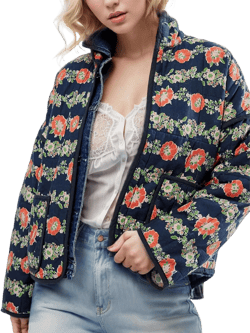 Wyeysyt Women's Cropped Puffer Jacket Lightweight Floral Print Long Sleeve Padded Quilted Puffy Cardigan Coat Small Navy