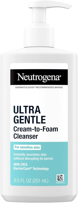 NEUTROGENA Ultra Gentle Cream-to-Foam Daily Facial Cleanser, Transforms from a Creamy Cleanser to a Foaming Face Wash, Gently Cleanses Sensitive Skin, Fragrance-Free, Hypoallergenic, 8.5 oz
