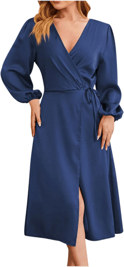 Dresses for Women 2024 Lantern Sleeve V Neck Wrap Slit Work Dress Sexy Tie Waist Satin Silk Summer Wedding Guest Dress B01_blue Small