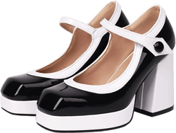 Alyaafifa Platform Chunky Heel Pumps for Women Comfortable Sexy Closed Square Toe Two-Tone Mary Jane Dress Shoes Patent Leather Party Business Evening Night Club Wedding 10 Black