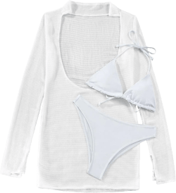 Lilosy Sexy Long Sleeve Mesh Swimsuit 3 Pieces Cover Up Bikini Set