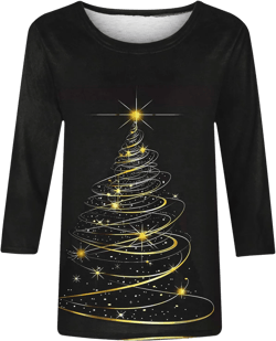 Christmas Shirts for Women 3/4 Length Sleeve Sparkly Xmas Tree Print Tee Tops Three Quarter Sleeve Holiday Tunic Blouse J, Black Large