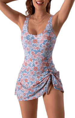 Eomenie Women's One Piece Swim Tummy Control Skirt Swimsuit Dress, Orange Floral Printed 2, 18 Plus