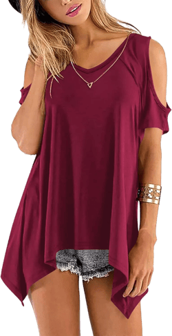 Beluring Womens Cold Shoulder Tops Summer Short Sleeve V Neck Casual Tunic Tee Shirts Small A-burgundy