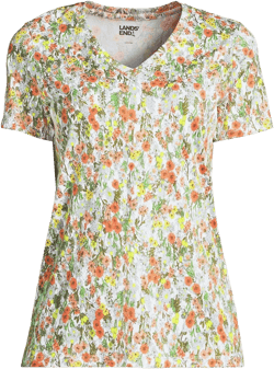 Lands' End Women's Relaxed Supima Cotton V-Neck T-Shirt - Large - White Multi Field Floral