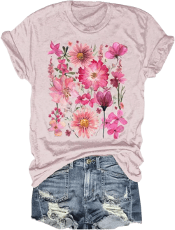 Women's Vintage Flowers Shirt Casual Boho Floral Printed T-Shirt Sunflower Wildflowers Graphic Tees Tops for Girl Small 2024-38-pink
