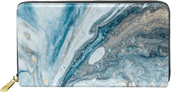 Luxury Marble White and Blue Mixed Acrylic Paint with Golden Powder Leather Long Wallet Organizer with Zipper Purse Clutch Bag for Women Men Key Card Coin Passport Checkbook 4.13"(L) x 7.48"(W) Multi 11