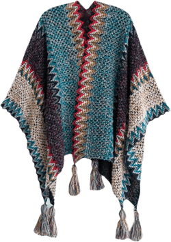 HaoMay Women's Ethnic Open Front Shawl Cape Wool Woven Tassel Poncho One Size Blue