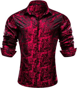 Barry.Wang Men's Dress Shirt Paisley Silk Long Sleeve Button Down Shirts Formal Wedding Regular Fit Tops Disco Party Red Small