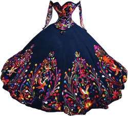 Mexican Embroidered Quinceanera Dresses Charro with Long Sleeves Ball Gown Sweet 15 Girls Dress 2025 18 M1/Navy Blue