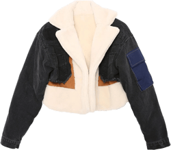 JEsilunmaMY Women's Patchwork Denim Jacket Long Sleeve Lapel Cardigan Coat Winter Fleece Thicken Lamb Wool Cotton Jackets Small Black