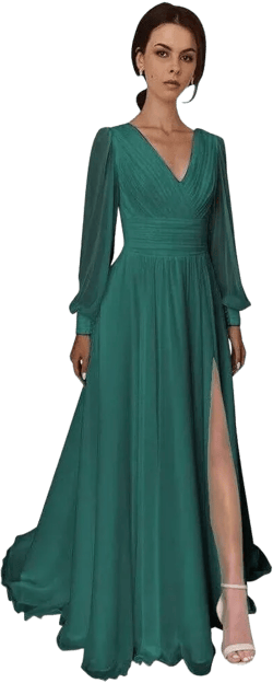 Split Chiffon V Neck Long Sleeve Prom Dresses Formal Dress for Women A-Line Pleated Maxi Gown 14 Teal