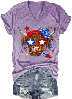 MOGUI 4Th of July Highland Cow Shirt American Flag Shirt Cute Graphic Tee Purple Small