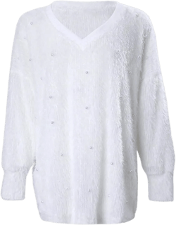 White Sexy Pearl Beading Soft Fleece Sweater V-Neck Loose Top Autumn Winter Long Sleeve Irregular Jumpers Medium 01 White