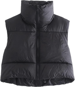 Shiyifa Women's Fashion High Neck Zipper Cropped Puffer Vest Jacket Coat Small Black