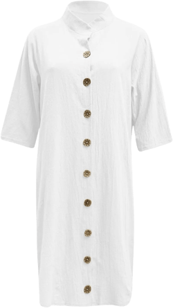 Womens Summer Midi Shirt Dresses Button Down 1/2 Sleeve Lapel Casual Cotton Linen T Shirt Dress