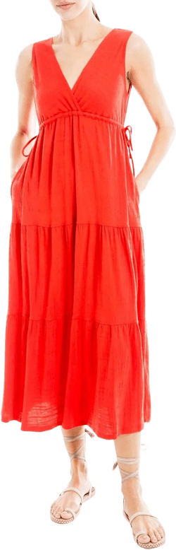 Max Studio Women's Sleeveless V-Neck Maxi Tiered Dress Size Medium, Lava Red
