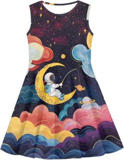 Dress for Kids, Pink Axolotl Sleeveless & Round Neck Summer Dresses for Kids 3-16 Years 13-14 Years Astronaut Nebula Space