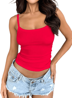 Women's Basic Sleeveless Spaghetti Strap Tank Tops Ribbed Camisole Crop Top Large Red
