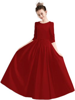 Satin Flower Girl Dress Long Sleeve A-Line Elegant Pageant Dresses Kids Pearls Prom Party Gown with Bow-Knot 12 Wine Red