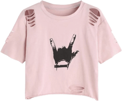 SweatyRocks Women's Short Sleeve T Shirt Graphic Print Distressed Crop Top Medium Gesture Light Pink
