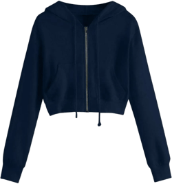 Women Long Sleeve Drawstring Hooded Jacket Crop Tops Zipper Pocket Shirt Trendy Y2k Teen Girls Clothes Large Navy