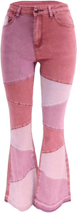 Women's Stylish High Waist Patchwork Jeans Distressed Hippie Vintage Flared Bell Denim Pants X-Large Pink-24216