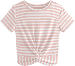 JINKESI Women's Summer Causal Short Sleeve Blouse Round Neck Crop Tops Twist Front Tee T-Shirt Pink Stripe-Small