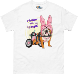 Pink "Chillin' With My Peeps" Female English Bulldog Men's Tee | Red & White Colored