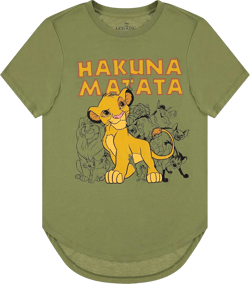 Disney Ladies Lion King Fashion Shirt - Ladies Classic Hakuna Matata Lion King Simba Mufasa Timon and Pumba Curved Hem Tee Small Olive