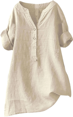 SHAOBGE Linen Shirts for Women Short Sleeve Oversized Linen Blouses V-Neck Batwing Button Down (New1-Beige, XXXXL)