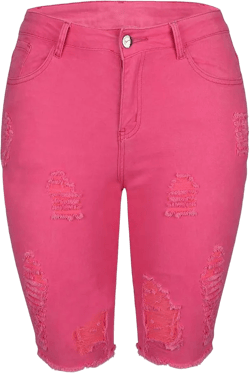 THUNDER STAR Womens Denim Bermuda Shorts,Mid Rise Short Jeans,Frayed Raw Hem 14 Pink