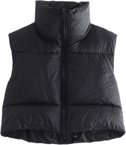 Yuemengxuan Women's Winter Crop Vest Sleeveless Warm Outerwear Lightweight Cotton Puffer Vest Padded Gilet Casual Coat Large Solid Black