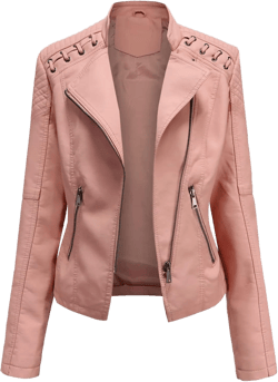 Lu's Chic Women's Motorcycle Jacket Fashion Dressy Vegan Leather Biker Coat Light Slim Fit Crop Blazer Moto Jacket 0 Pink